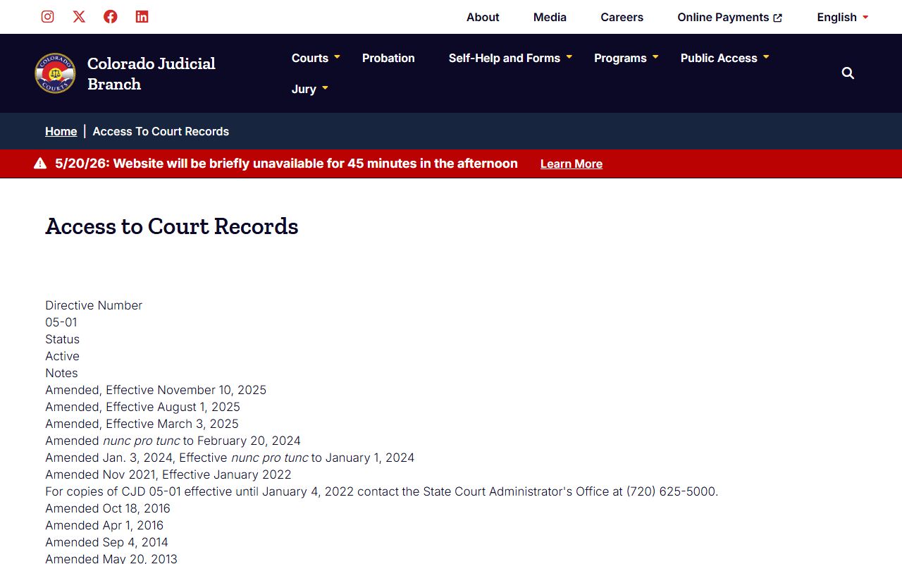 Adams County CJD 05-01 court records directive