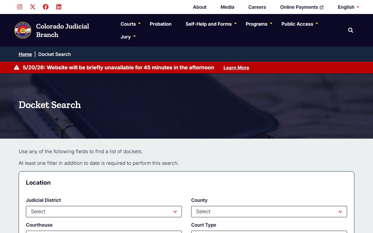 Adams County docket-related court records search portal