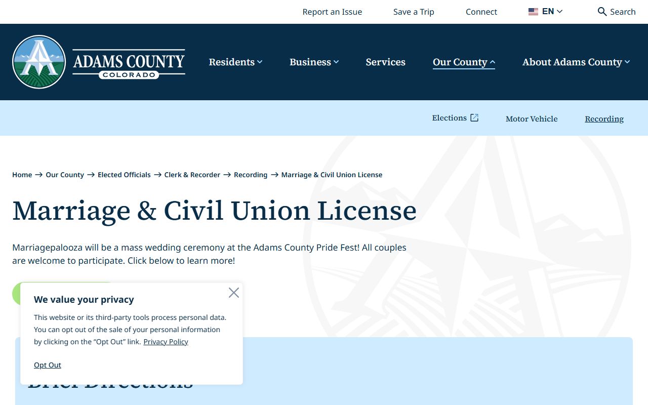 Adams County marriage and civil union license page