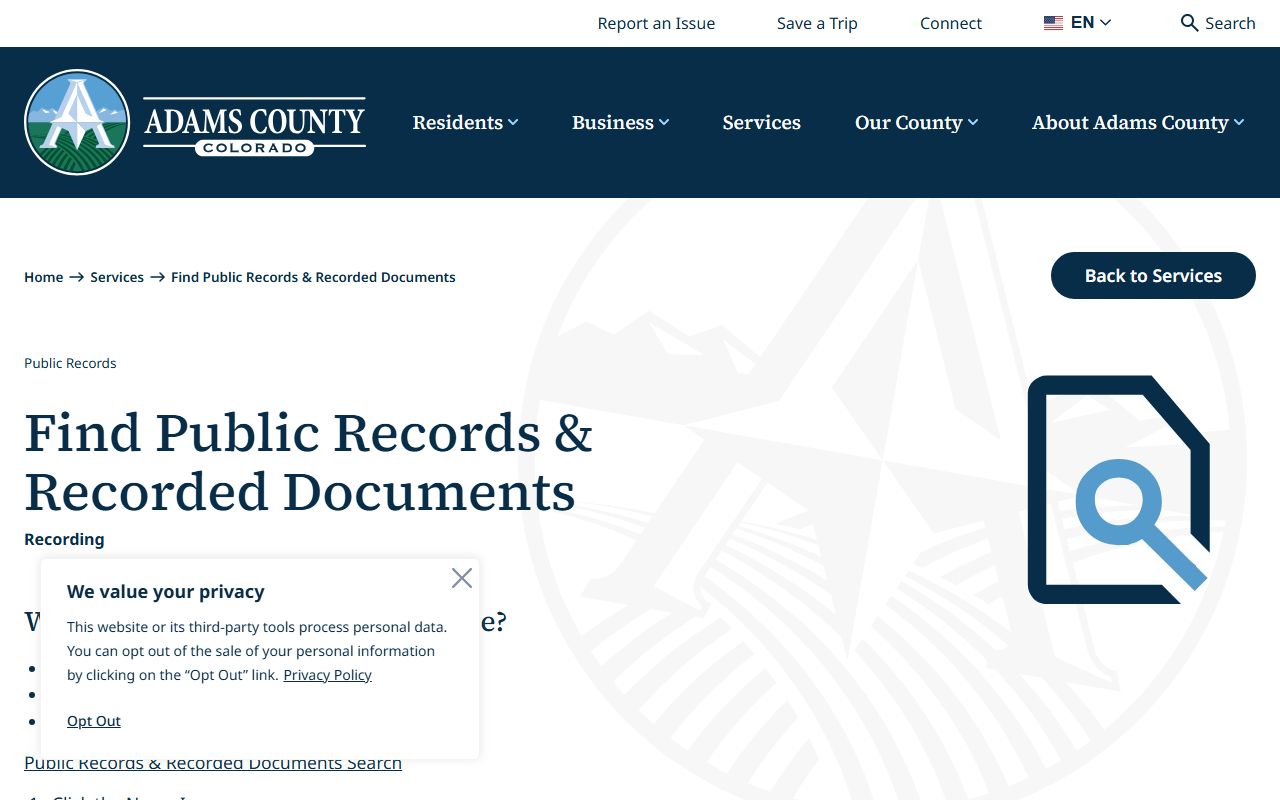 Adams County recorded document public records instructions