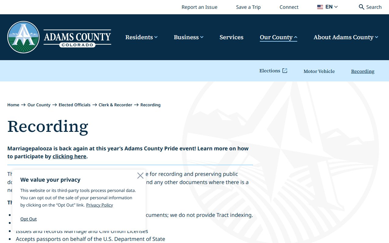 Adams County Clerk Recorder Recording Department court records reference