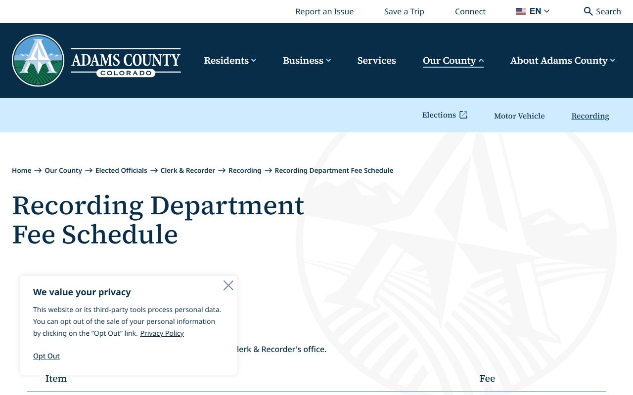 Adams County clerk and recorder fee schedule public records