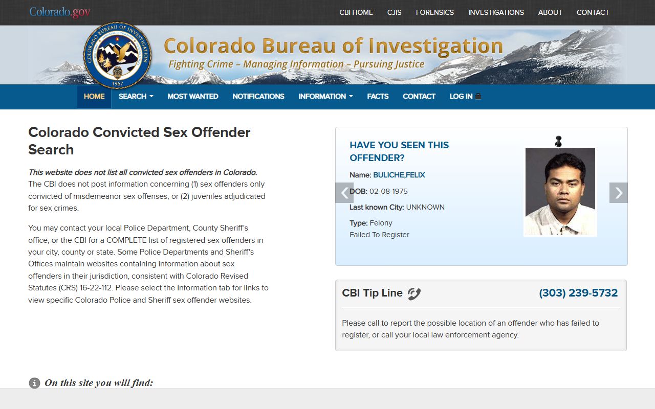 Colorado CBI sex offender registry portal screenshot