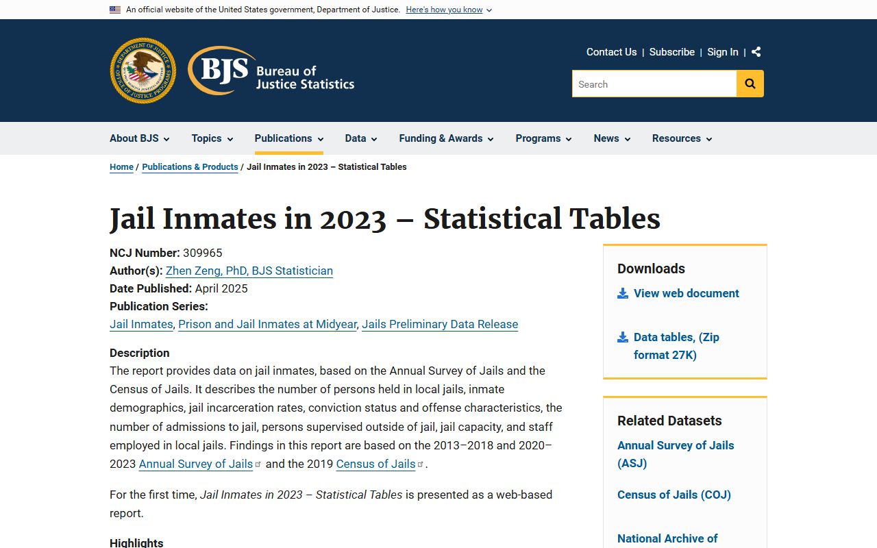 BJS Jail Inmates 2023 statistical tables page screenshot