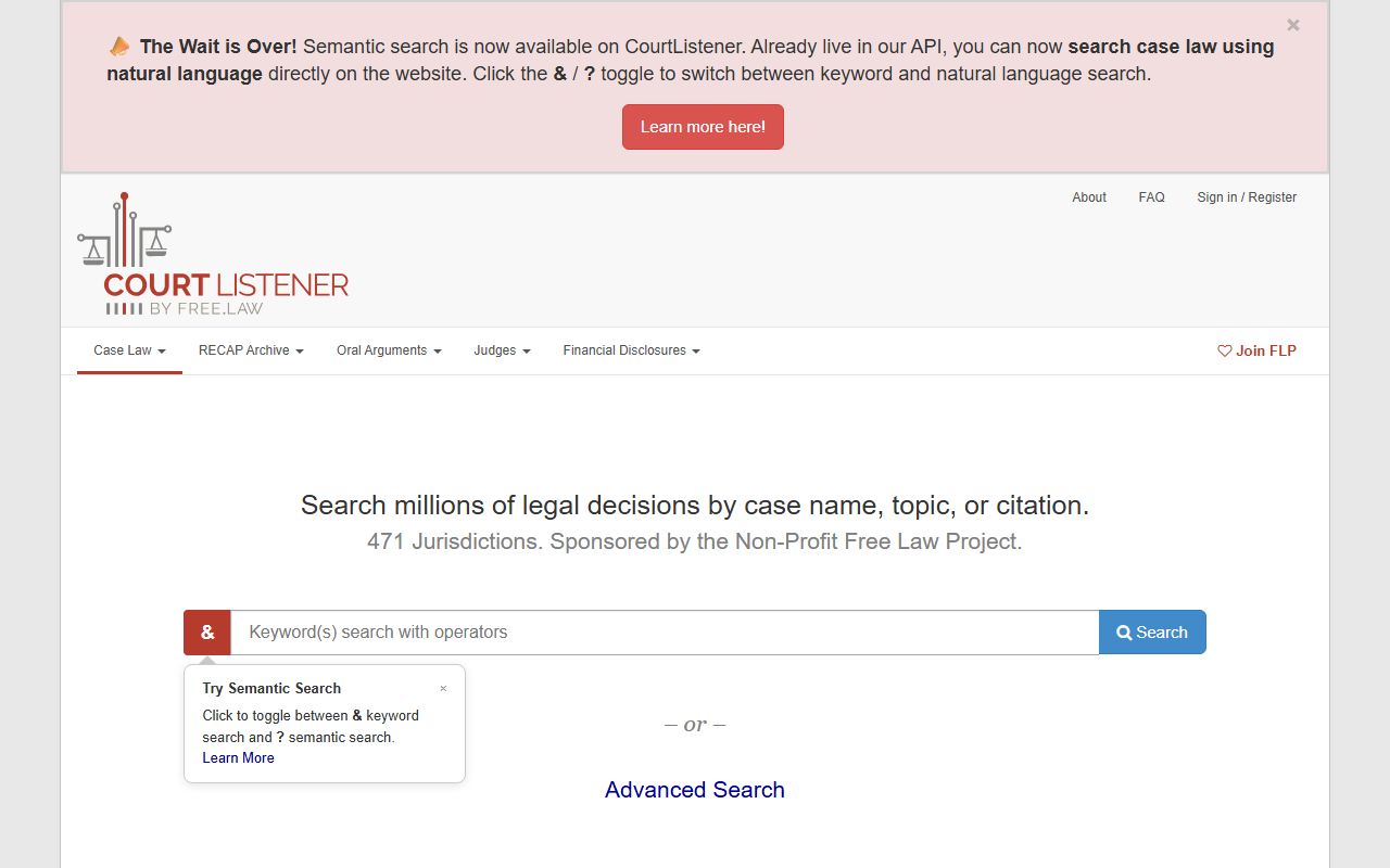 CourtListener free legal data portal screenshot
