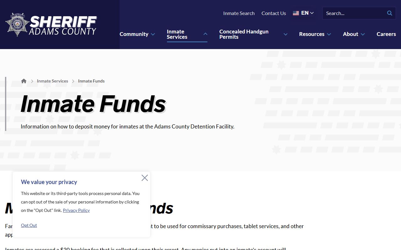 Adams County inmate funds deposit page screenshot
