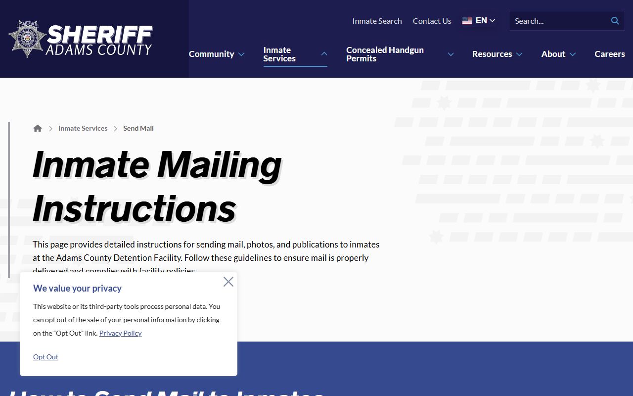 Adams County jail mail rules page screenshot
