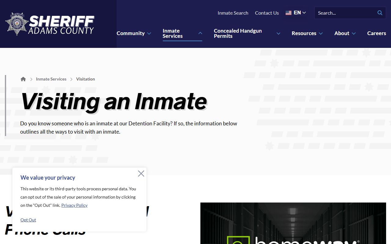 Adams County inmate visitation HomeWAV schedule screenshot