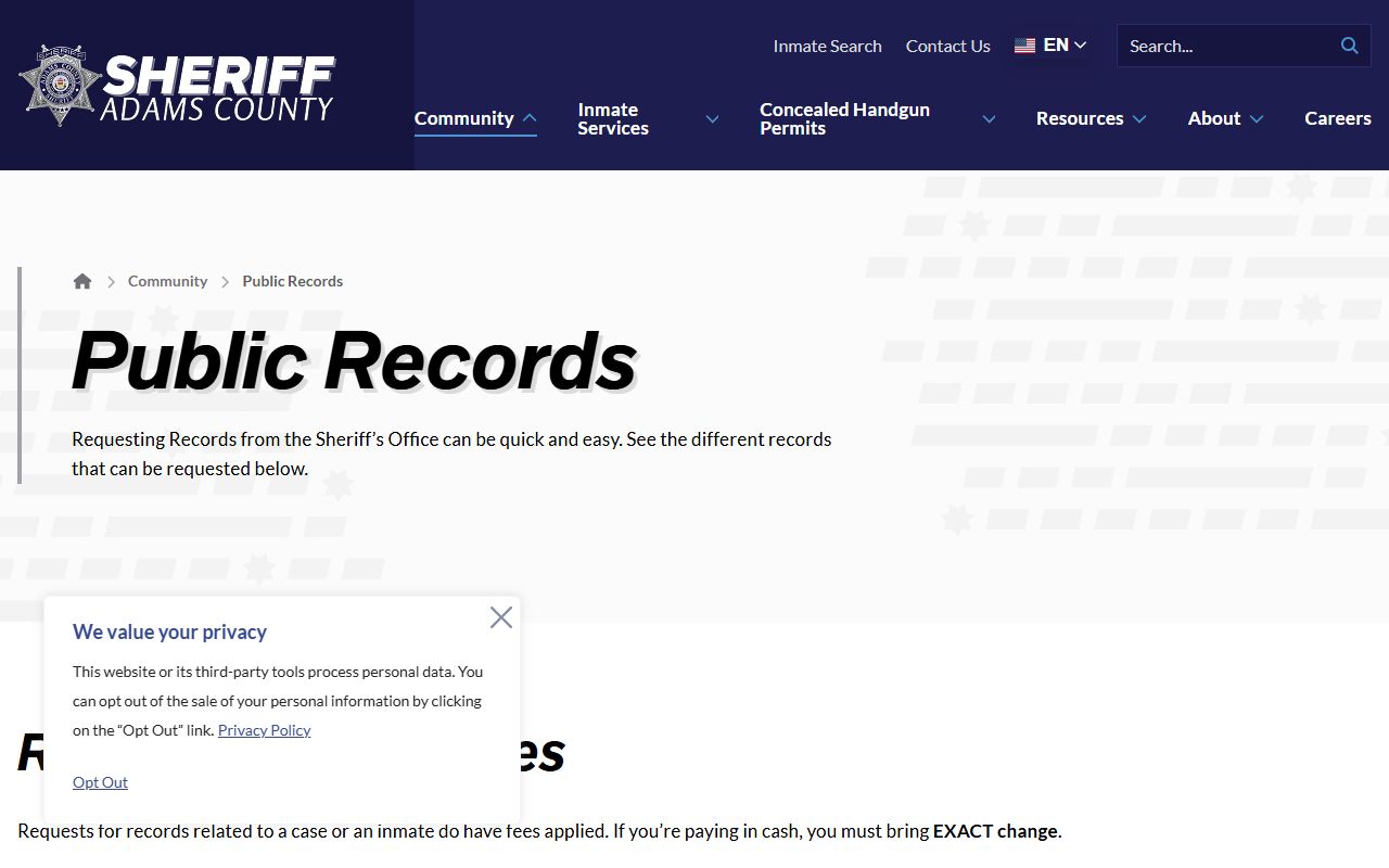 Adams County Sheriff public records hub screenshot