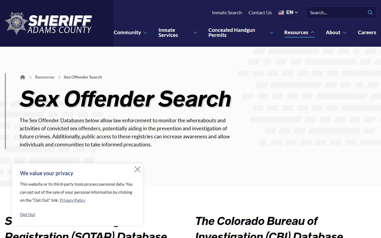 Adams County Sheriff sex offender resource page screenshot
