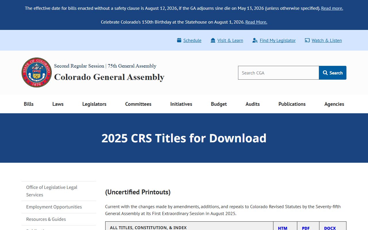 Adams County court records Colorado Revised Statutes title page