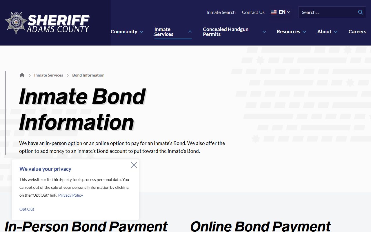 Adams County Sheriff bond information page screenshot