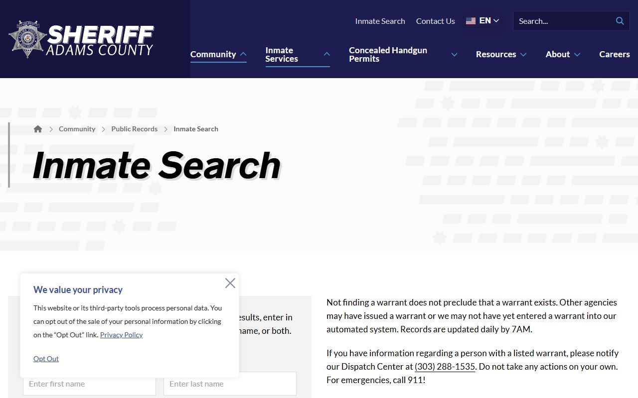 Adams County Sheriff inmate search portal screenshot