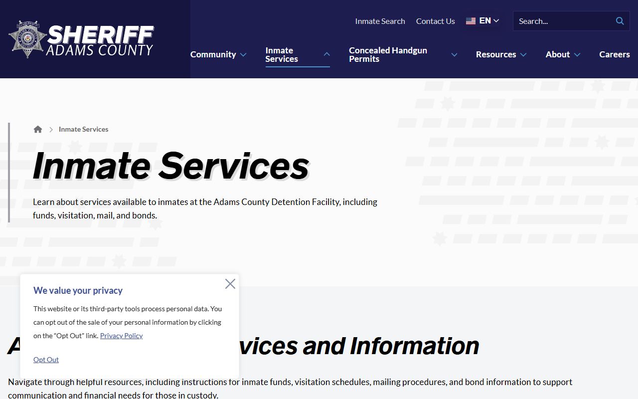 Adams County Sheriff inmate services page screenshot