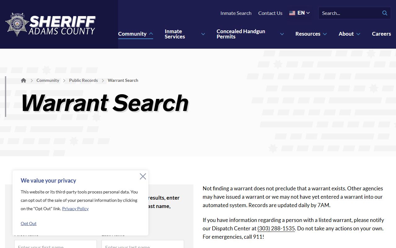Adams County Sheriff warrant search page screenshot