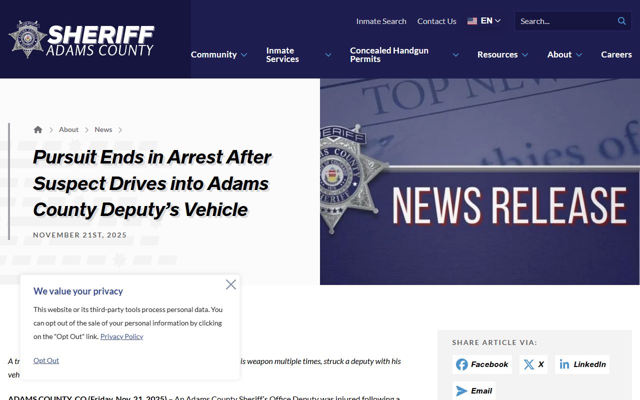 Adams County criminal records sheriff pursuit arrest news